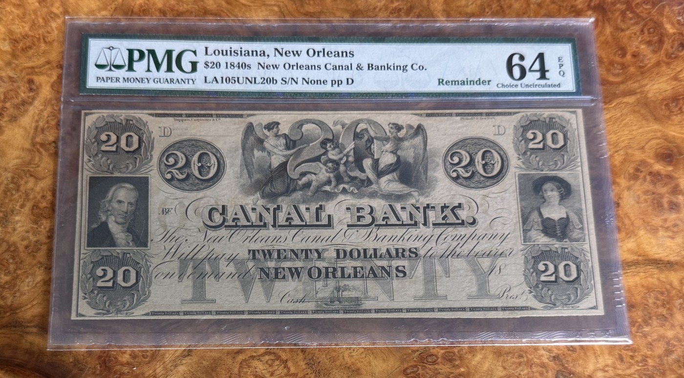 Chase Auction 第27期 - - 外钞、民国钞和人民币混合场！ 1840年美国新奥尔良20美元，PMG64e！