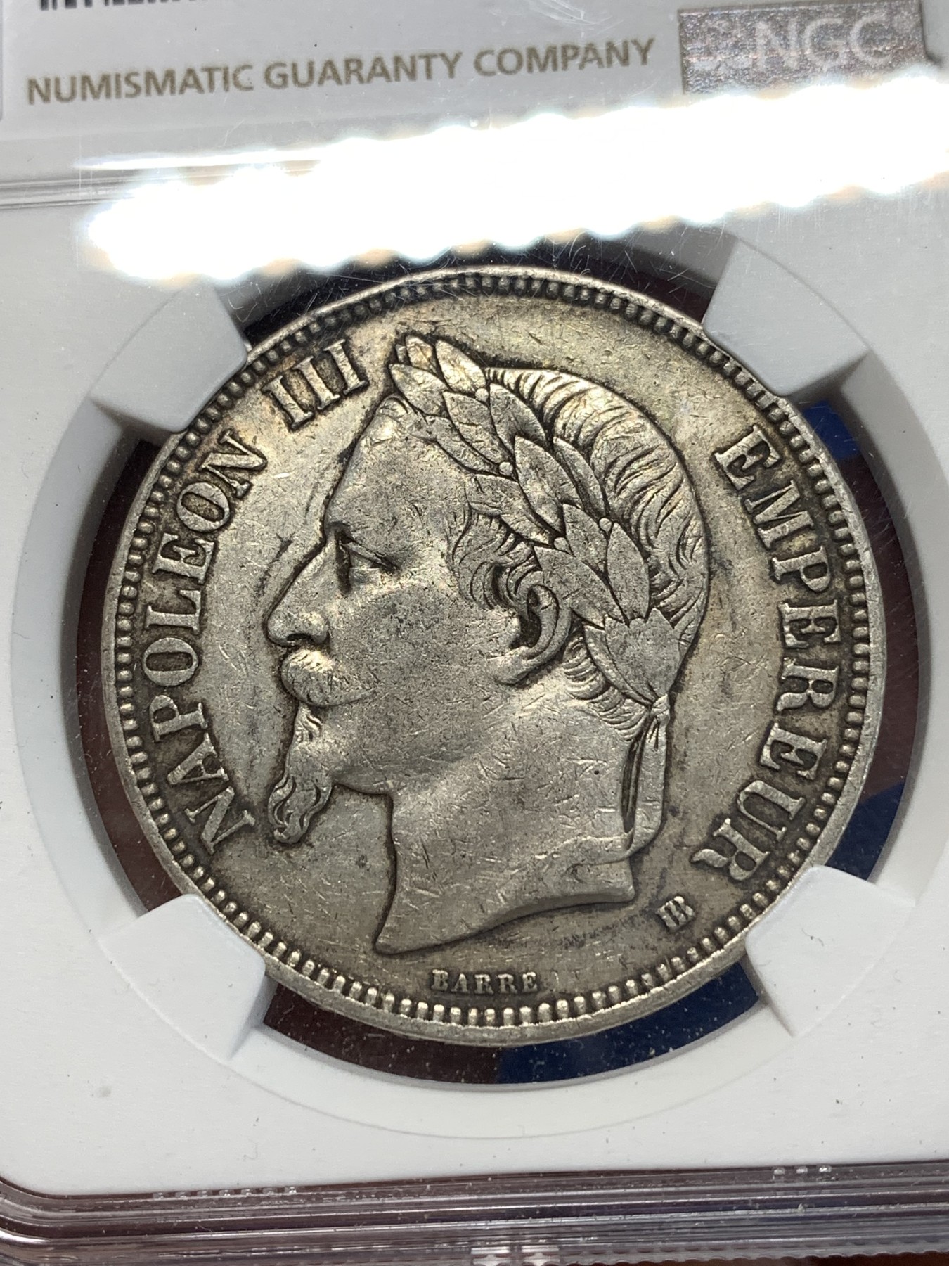 《竞宝斋》第257场-周日，周一 2场连拍 (全场包邮) NGC XF45 法国1868年拿破仑三世5法郎银币