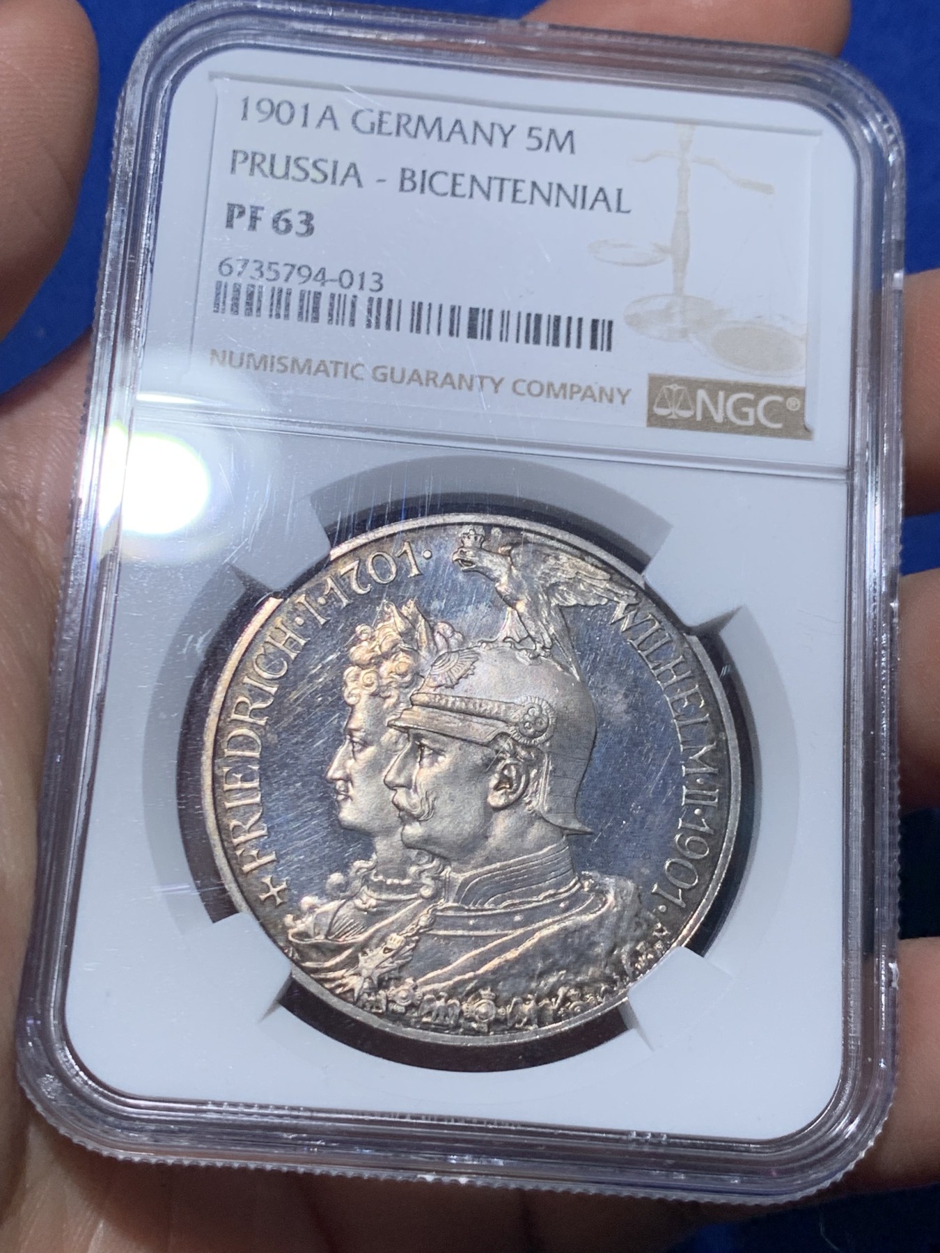 《竞宝斋》第257场-周日，周一 2场连拍 (全场包邮) NGC PF63 德国1901年 普鲁士建国200周年5马克纪念银币 精制版 少见