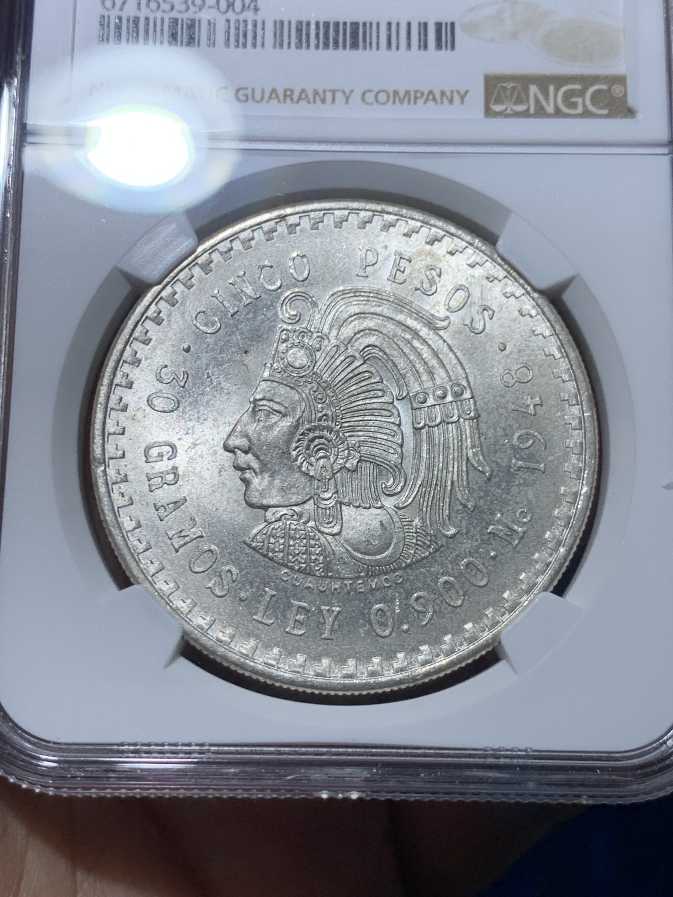 《竞宝斋》第257场-周日，周一 2场连拍 (全场包邮) NGC MS64 墨西哥1948年玛雅人5比索大银币 超级丝滑的一枚