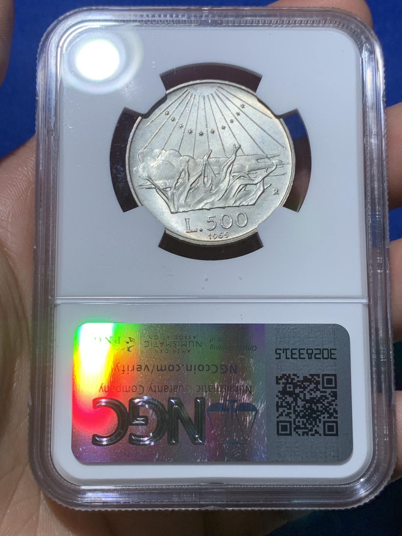 《竞宝斋》第257场-周日，周一 2场连拍 (全场包邮) NGC MS65 意大利1965年但丁500里拉银币 少见品