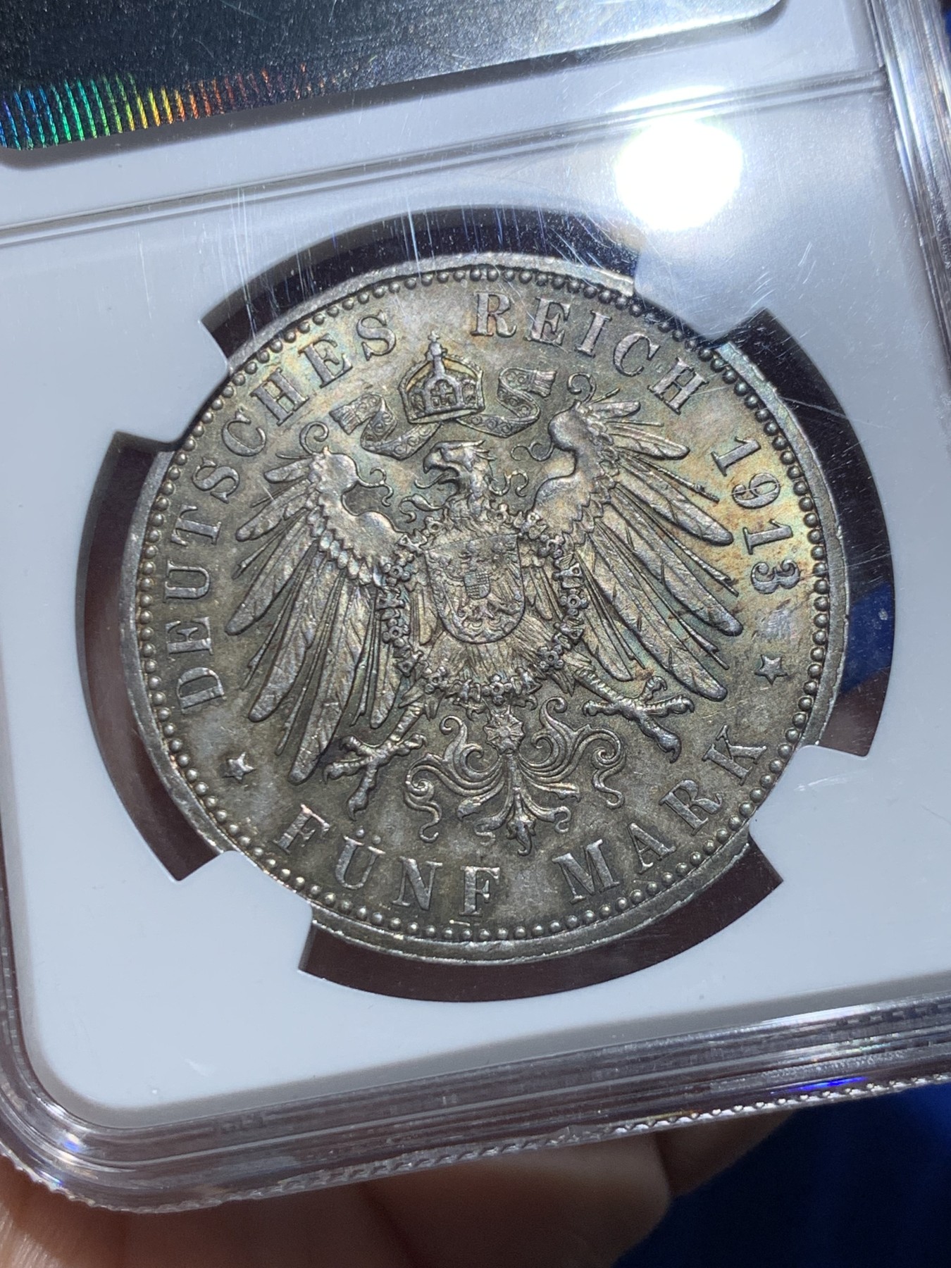 《竞宝斋》第257场-周日，周一 2场连拍 (全场包邮) NGC MS63 德国1913年汉堡5马克 油画彩青金包浆 实物状态顶级 上手惊喜