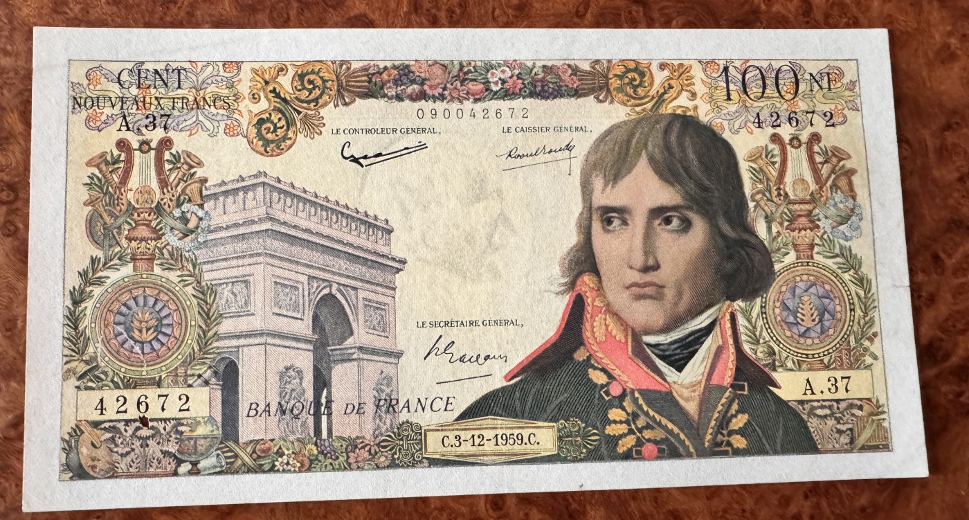Chase Auction 第27期 - - 外钞、民国钞和人民币混合场！ 法国100新法郎，拿破仑头像，品相如图，有针孔！