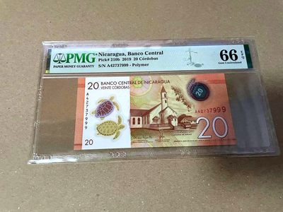 【Blue Auction】✨世界纸币精拍第460期【精】 【999豹子号】尼加拉瓜 2019年20科多巴 PMG66EPQ 