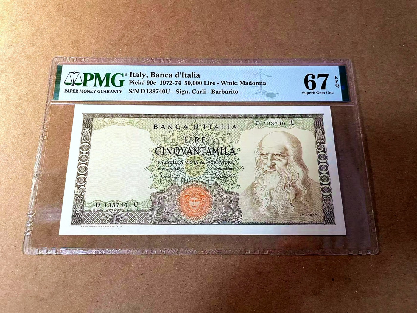 【Blue Auction】✨世界纸币精拍第460期【精】  意大利 1972-74年50000里拉 经典达芬奇 人像+大场景完美组合 雕刻精美 PMG67EPQ 高分