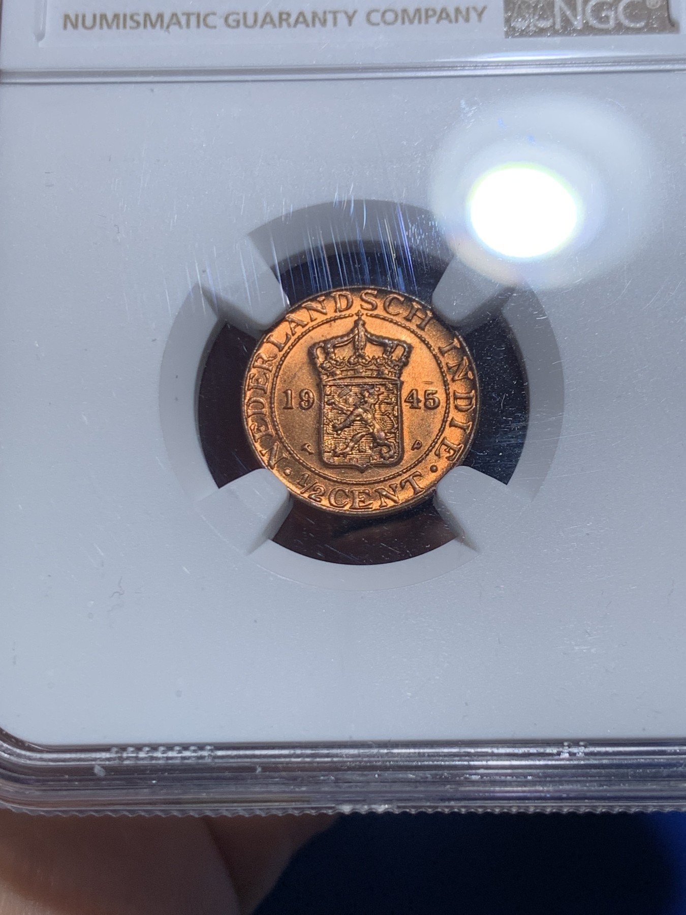 《竞宝斋》第257场-周日，周一 2场连拍 (全场包邮) NGC MS66RD 1945年荷属东印度群岛（今印尼）1/2 半分铜币 超高分好品