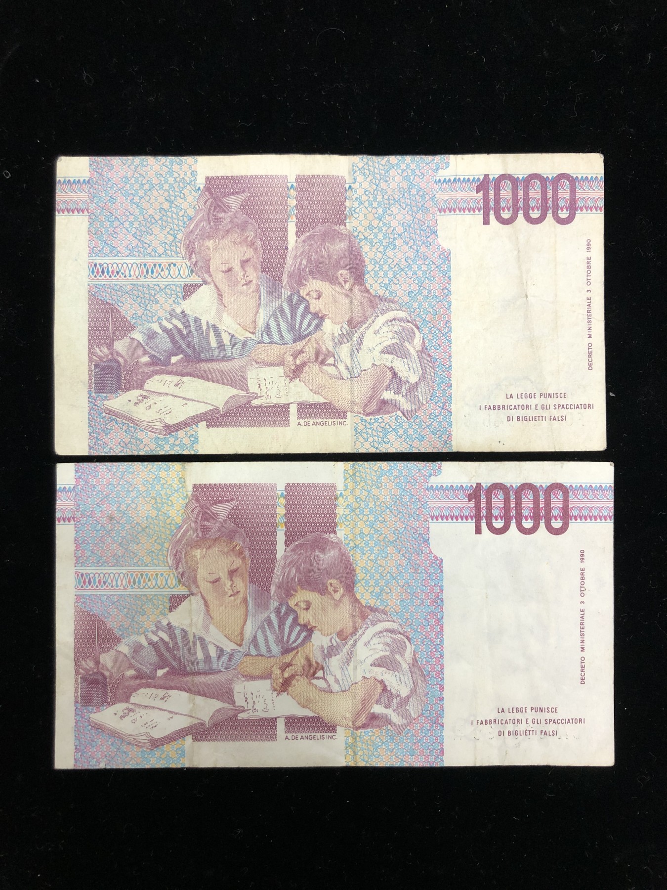 世界外币 1990年，意大利1000里拉纸币，中上品