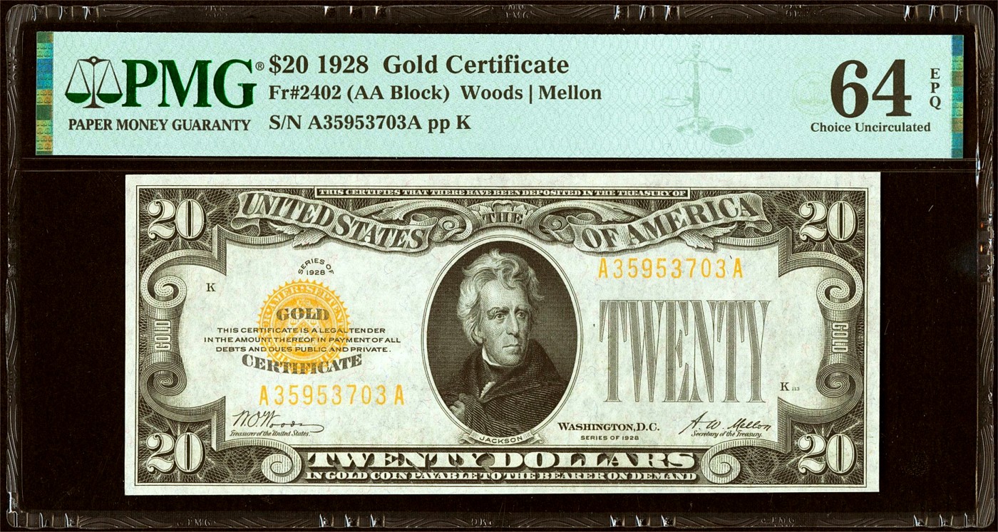 【Blue Auction】✨世界纸币精拍第460期【精】  【AA冠 升值品种】美国 1928年20美金 黄金券 杰克逊 PMG64EPQ 四角尖尖 状态非常好 值得收藏 