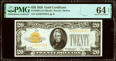 【Blue Auction】✨世界纸币精拍第460期【精】 -  【AA冠 升值品种】美国 1928年20美金 黄金券 杰克逊 PMG64EPQ 四角尖尖 状态非常好 值得收藏 