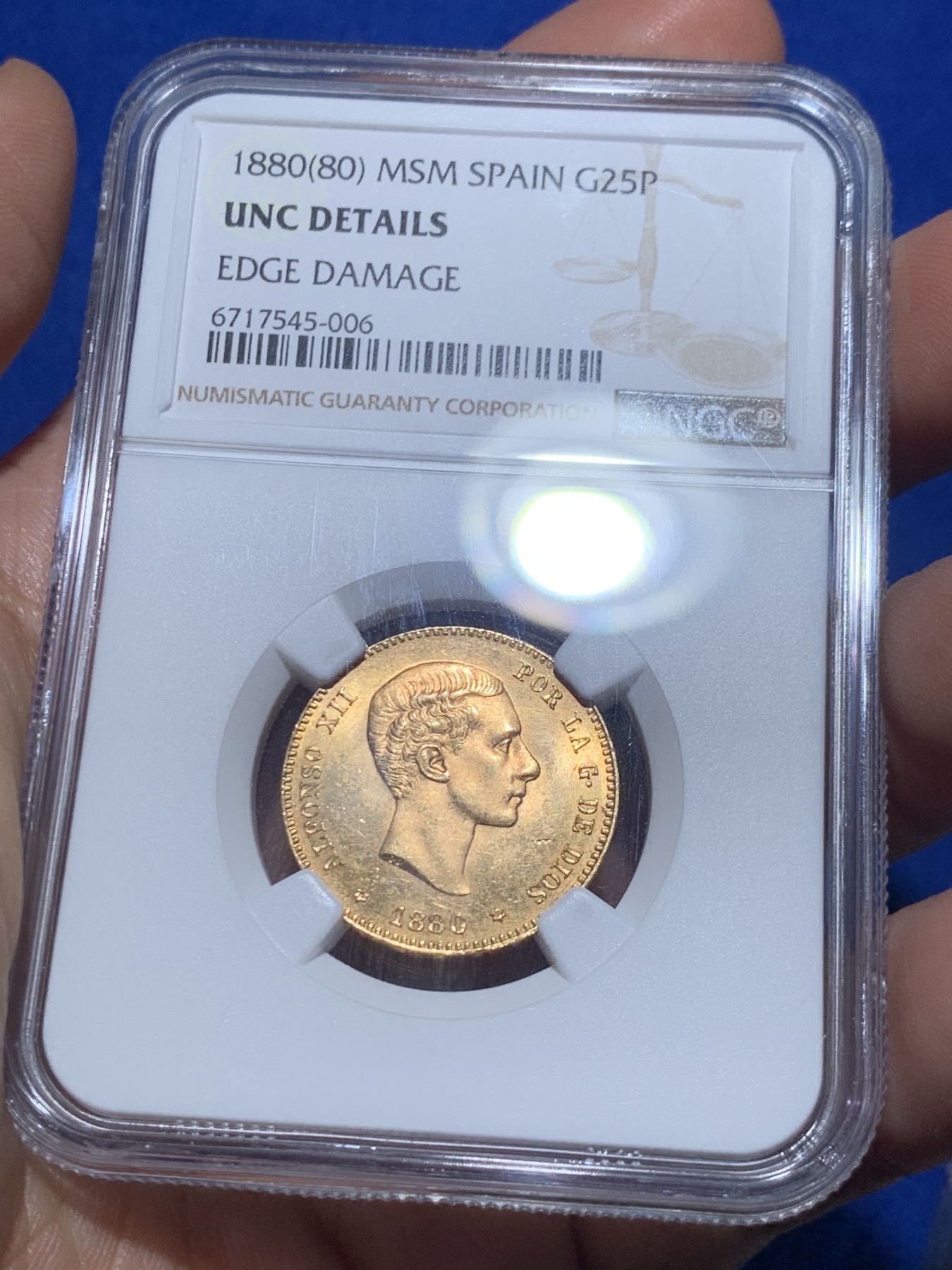 《竞宝斋》第257场-周日，周一 2场连拍 (全场包邮) NGC UNC 西班牙 1880年 阿方索十二世 25比塞塔 金币 状态不错 细节见图