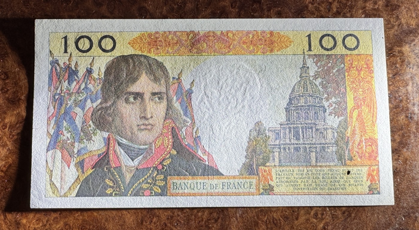 Chase Auction 第27期 - - 外钞、民国钞和人民币混合场！ 法国100新法郎，拿破仑头像，品相如图，有针孔！