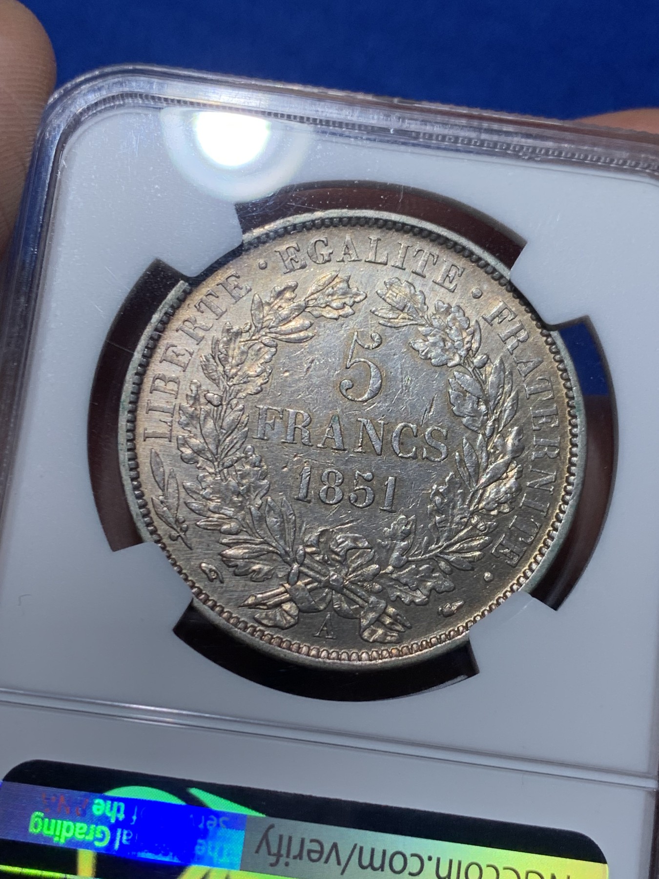 《竞宝斋》第257场-周日，周一 2场连拍 (全场包邮) NGC MS64 法国1851年谷物女神5法郎银币 包浆不错，高分谷物值得收藏