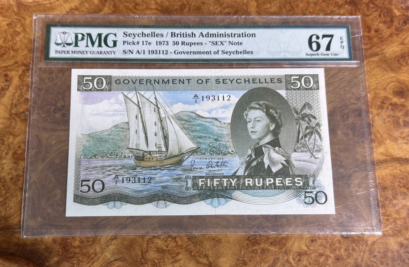 Chase Auction 第27期 - - 外钞、民国钞和人民币混合场！ 1973年塞舌尔50卢比，PMG67！冠军分！