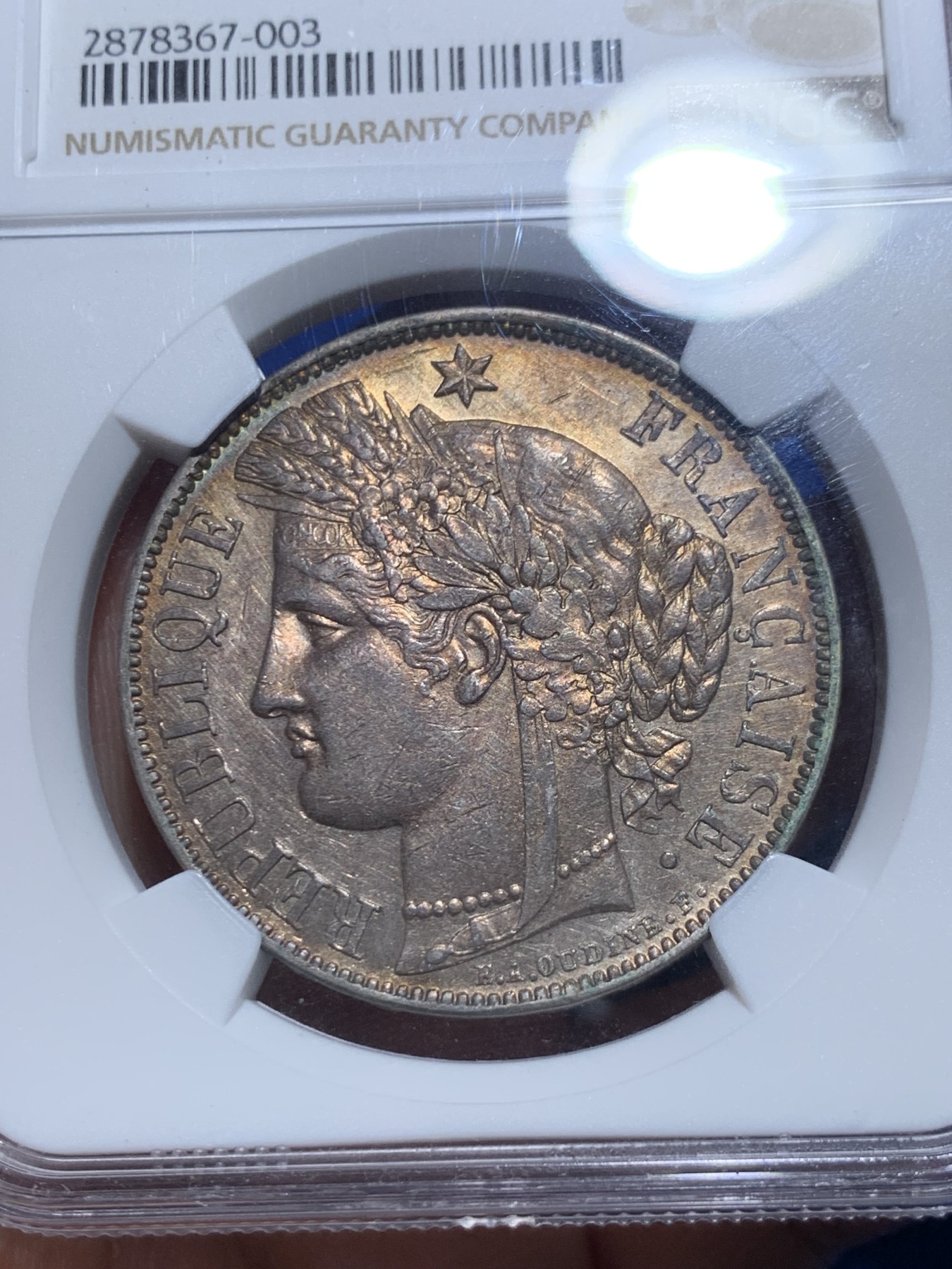 《竞宝斋》第257场-周日，周一 2场连拍 (全场包邮) NGC MS64 法国1851年谷物女神5法郎银币 包浆不错，高分谷物值得收藏