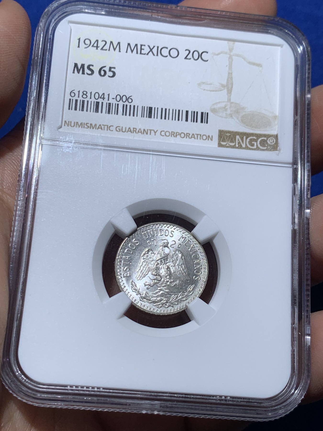 《竞宝斋》第257场-周日，周一 2场连拍 (全场包邮) NGC MS65 墨西哥1942M鹰洋20分银币 收藏级分数