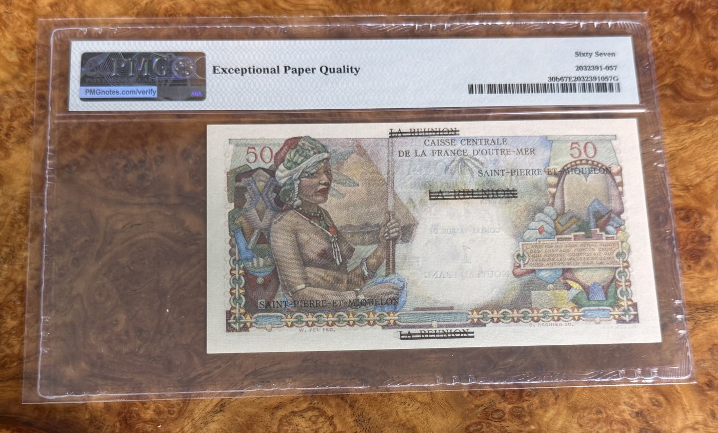 Chase Auction 第27期 - - 外钞、民国钞和人民币混合场！ 1960年圣皮埃尔和密克隆1法郎，PMG67，豹子号！