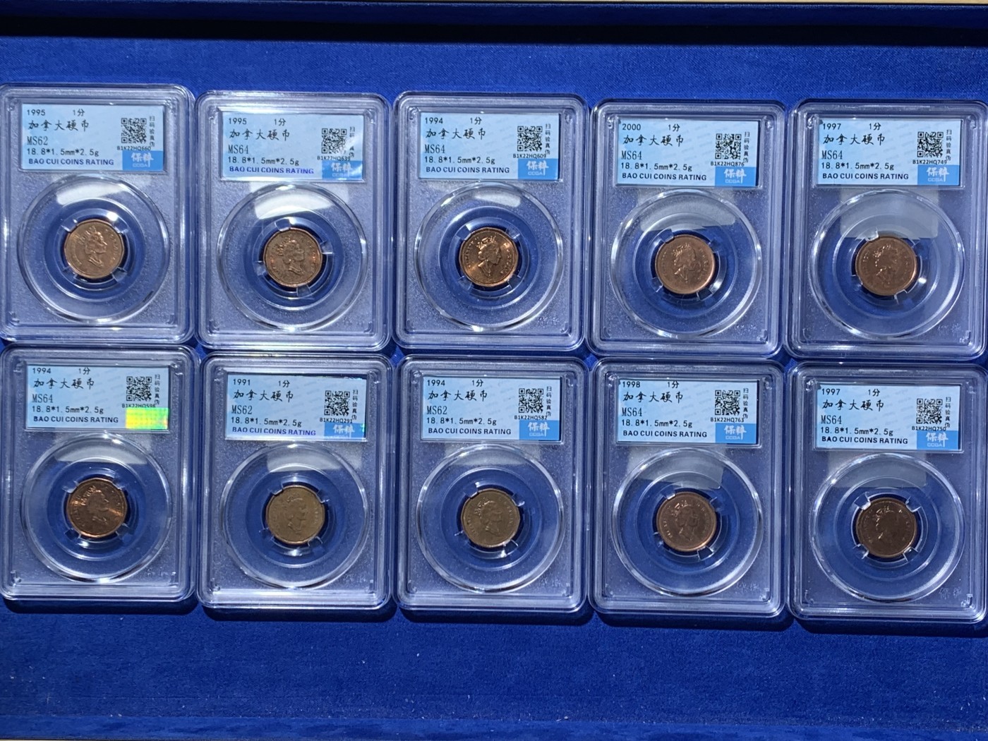 《竞宝斋》第257场-周日，周一 2场连拍 (全场包邮) 10枚一组 保粹 MS 加拿大 1分 硬币