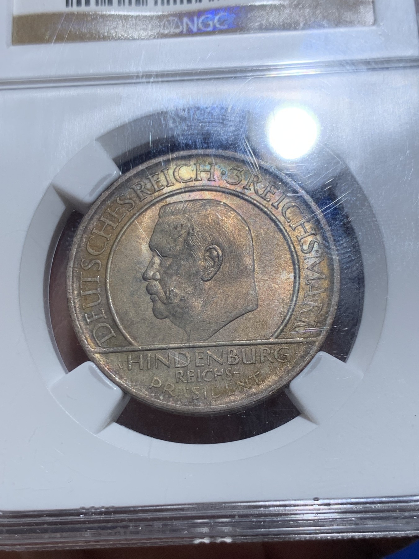 《竞宝斋》第257场-周日，周一 2场连拍 (全场包邮) NGC MS64 德国 1929年 魏玛纪念宪法 3马克 银币 黄油彩加淡五彩 微拍所见状态最好一枚