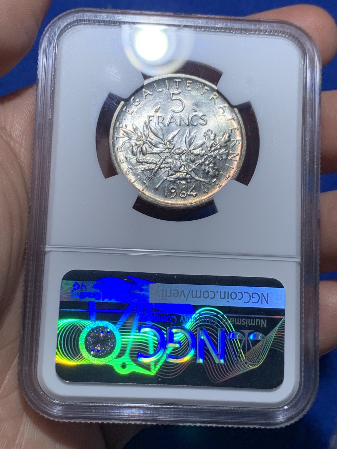 《竞宝斋》第257场-周日，周一 2场连拍 (全场包邮) NGC MS63 法国 1964年 播种女神 5法郎 银币 淡黄环彩