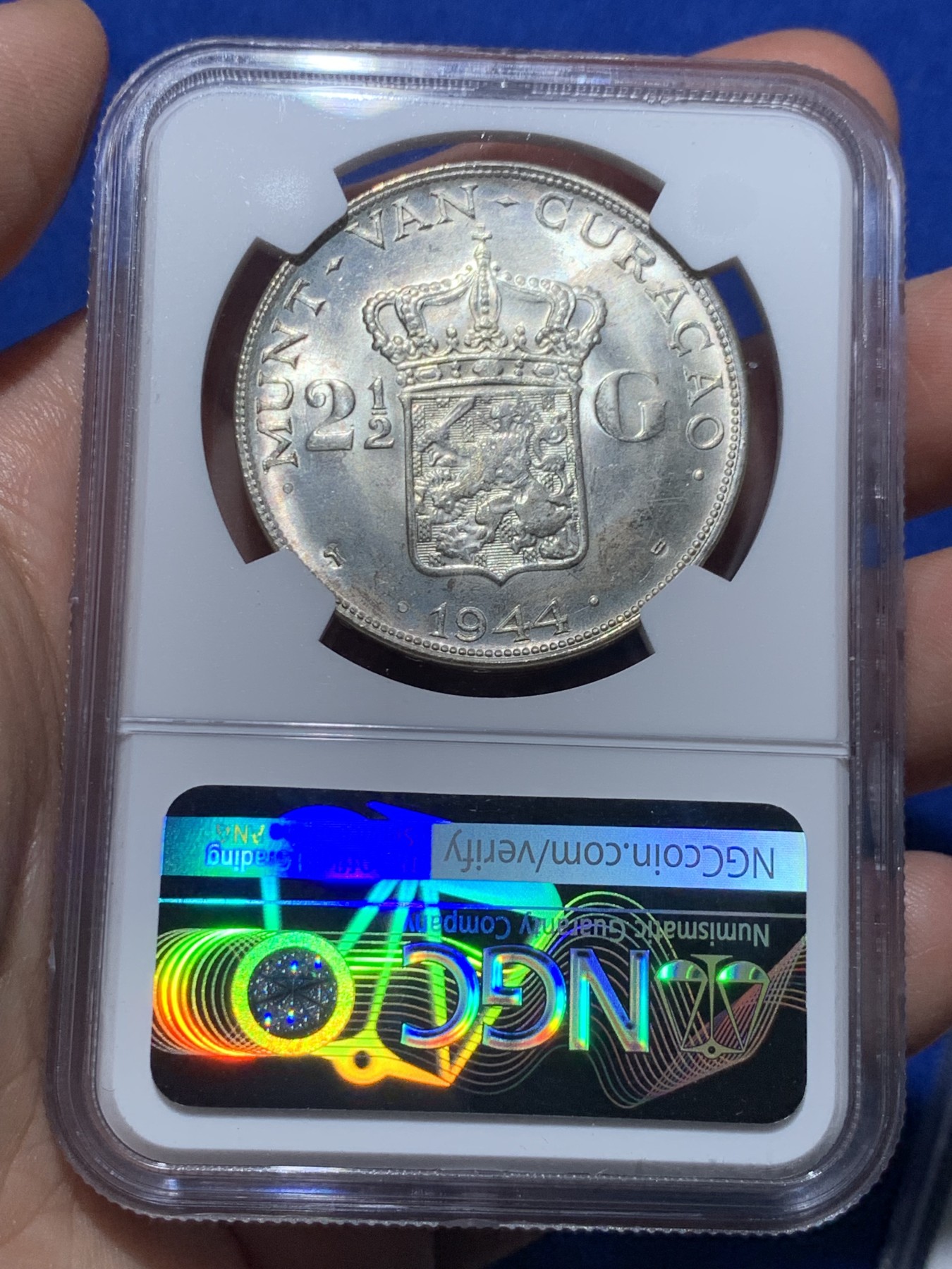 《竞宝斋》第257场-周日，周一 2场连拍 (全场包邮) NGC MS63 荷属库拉索1944D威廉明娜2.5盾大银币