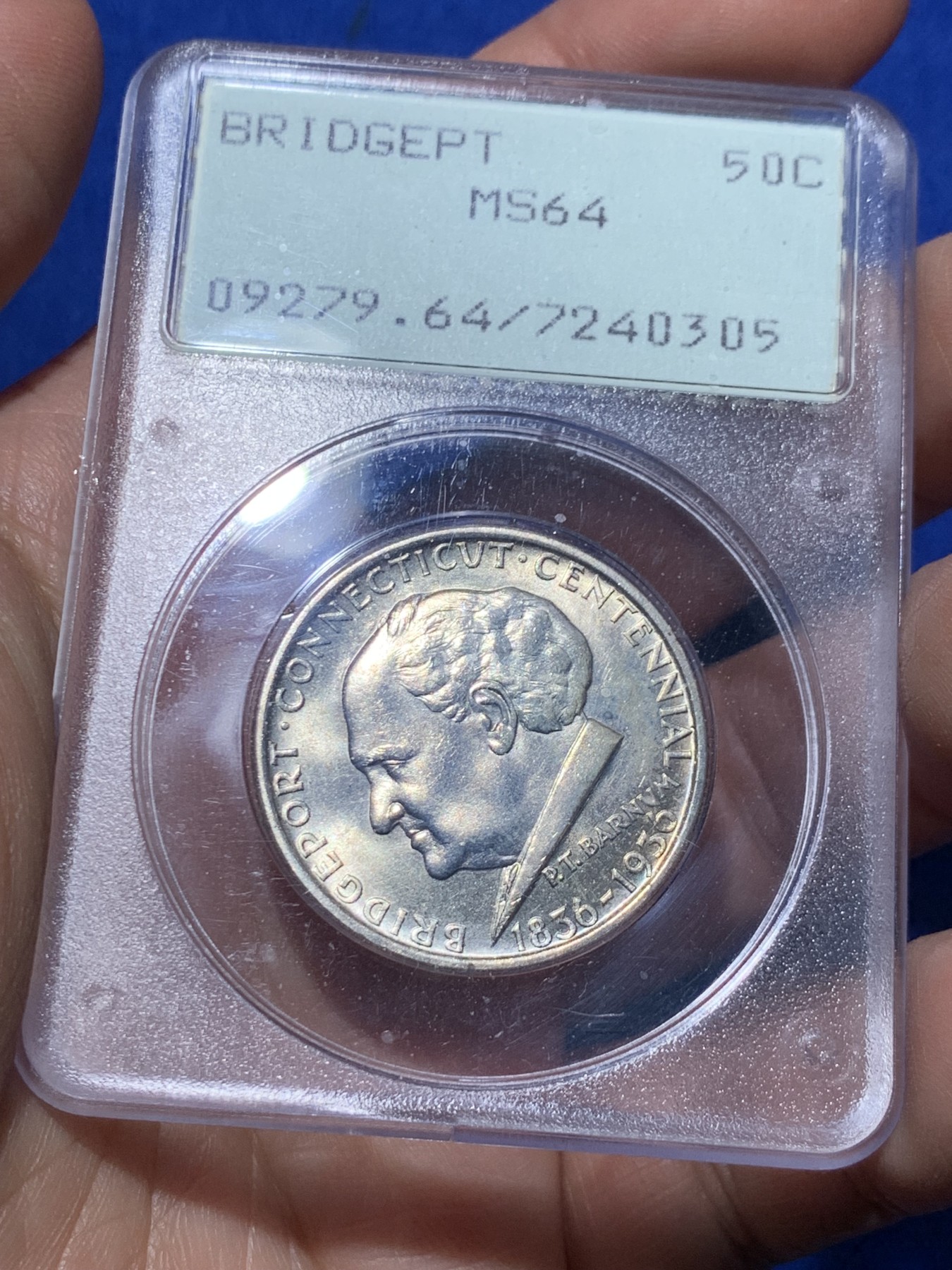 《竞宝斋》第257场-周日，周一 2场连拍 (全场包邮) PCGS MS64 美国 1936年 布里奇波特 50美分 银币 少见品种 PC一代盒 摇摇乐会响的 低评状态