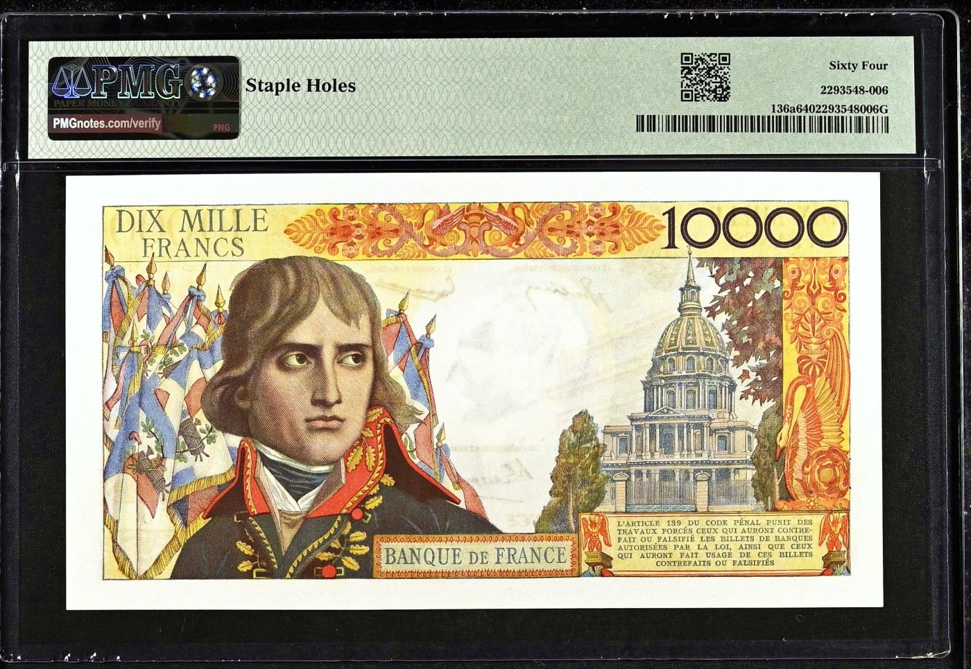 【Blue Auction】✨世界纸币精拍第460期【精】 【未改值版本 冠军分】法国 1956年10000法郎 经典拿破仑 PMG64 非常漂亮 