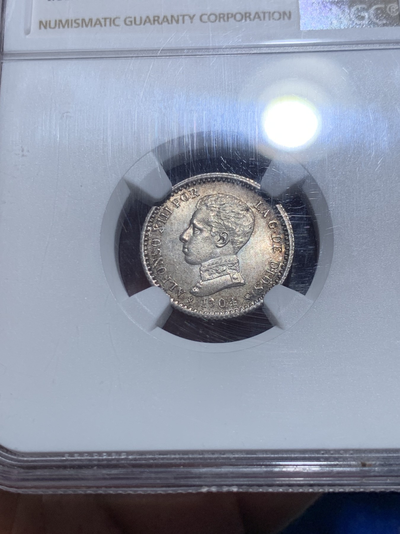 《竞宝斋》第257场-周日，周一 2场连拍 (全场包邮) NGC MS64 西班牙 1904年 阿方索十三世 50分 银币 背后双柱 好彩 更高分仅5枚