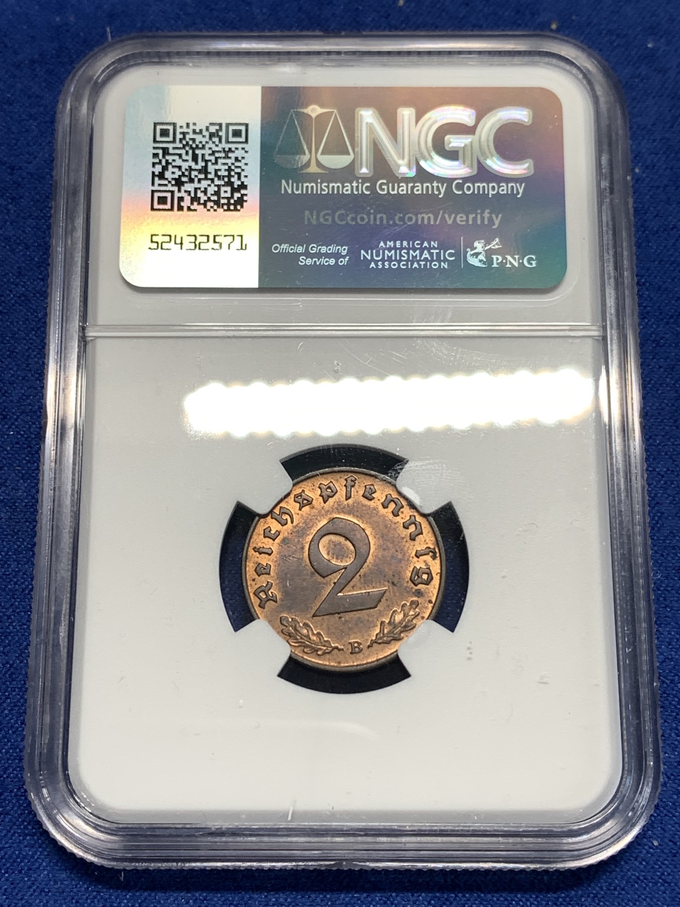 《竞宝斋》第257场-周日，周一 2场连拍 (全场包邮) NGC MS63RB 1939B德国2芬尼 高分难求