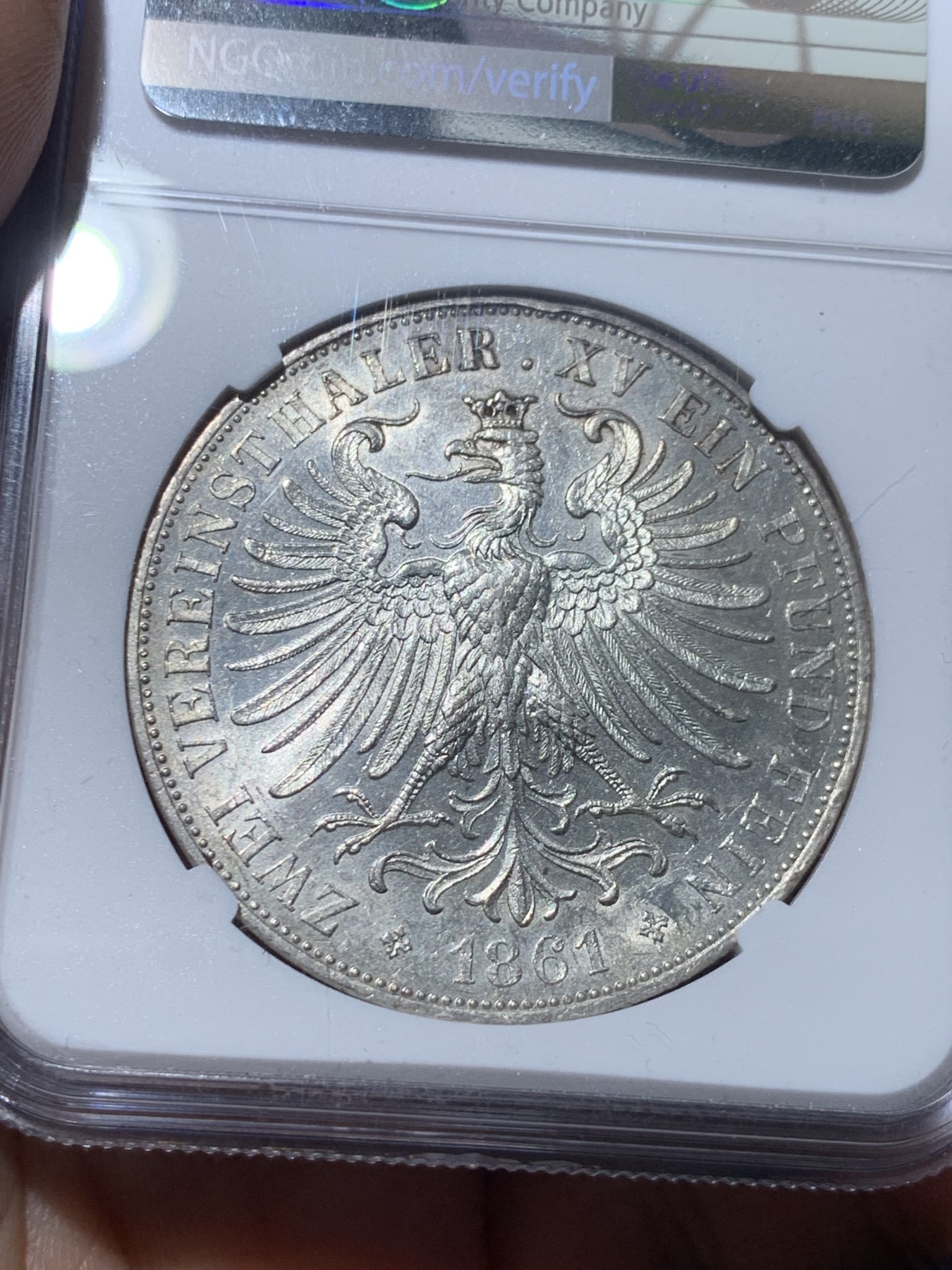 《竞宝斋》第257场-周日，周一 2场连拍 (全场包邮) NGC UNC 德国法兰克福 1861年 少女 2泰勒 银币 37克的大银币 价格明显上涨的热门品种