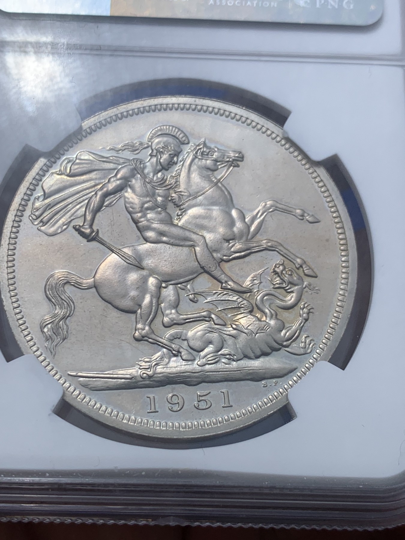 《竞宝斋》第257场-周日，周一 2场连拍 (全场包邮) NGC PL64 英国1951年乔治六世克朗 最后的镍马剑 镜面漂亮