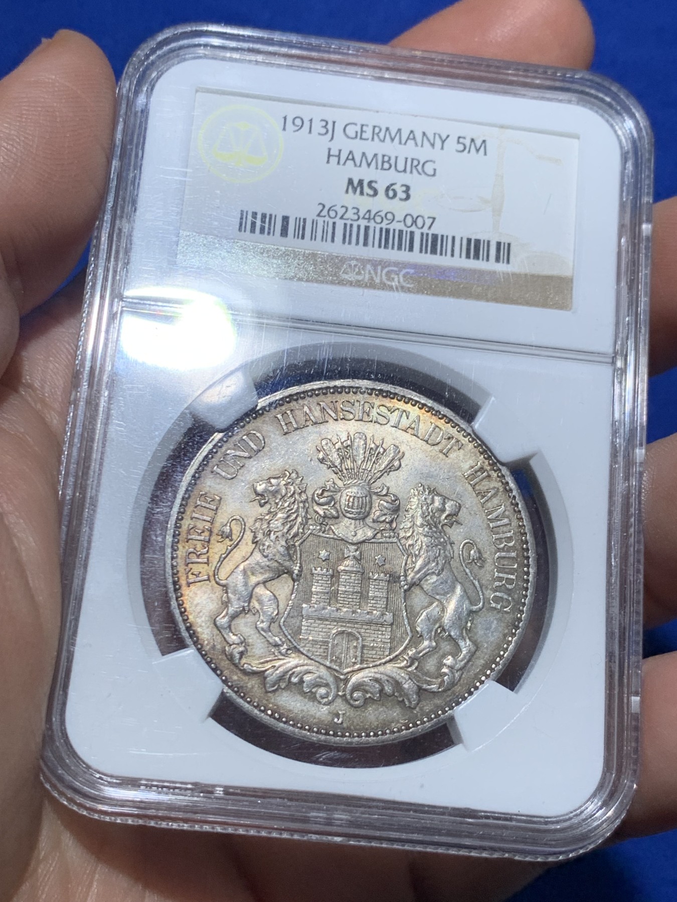 《竞宝斋》第257场-周日，周一 2场连拍 (全场包邮) NGC MS63 德国1913年汉堡5马克 油画彩青金包浆 实物状态顶级 上手惊喜