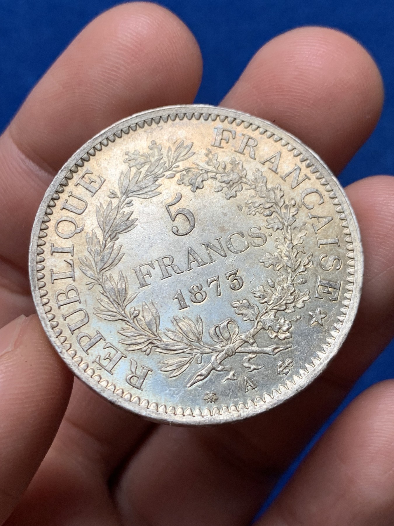 《竞宝斋》第257场-周日，周一 2场连拍 (全场包邮) 法国1873年大力神5法郎银币 转光流畅 可以送评