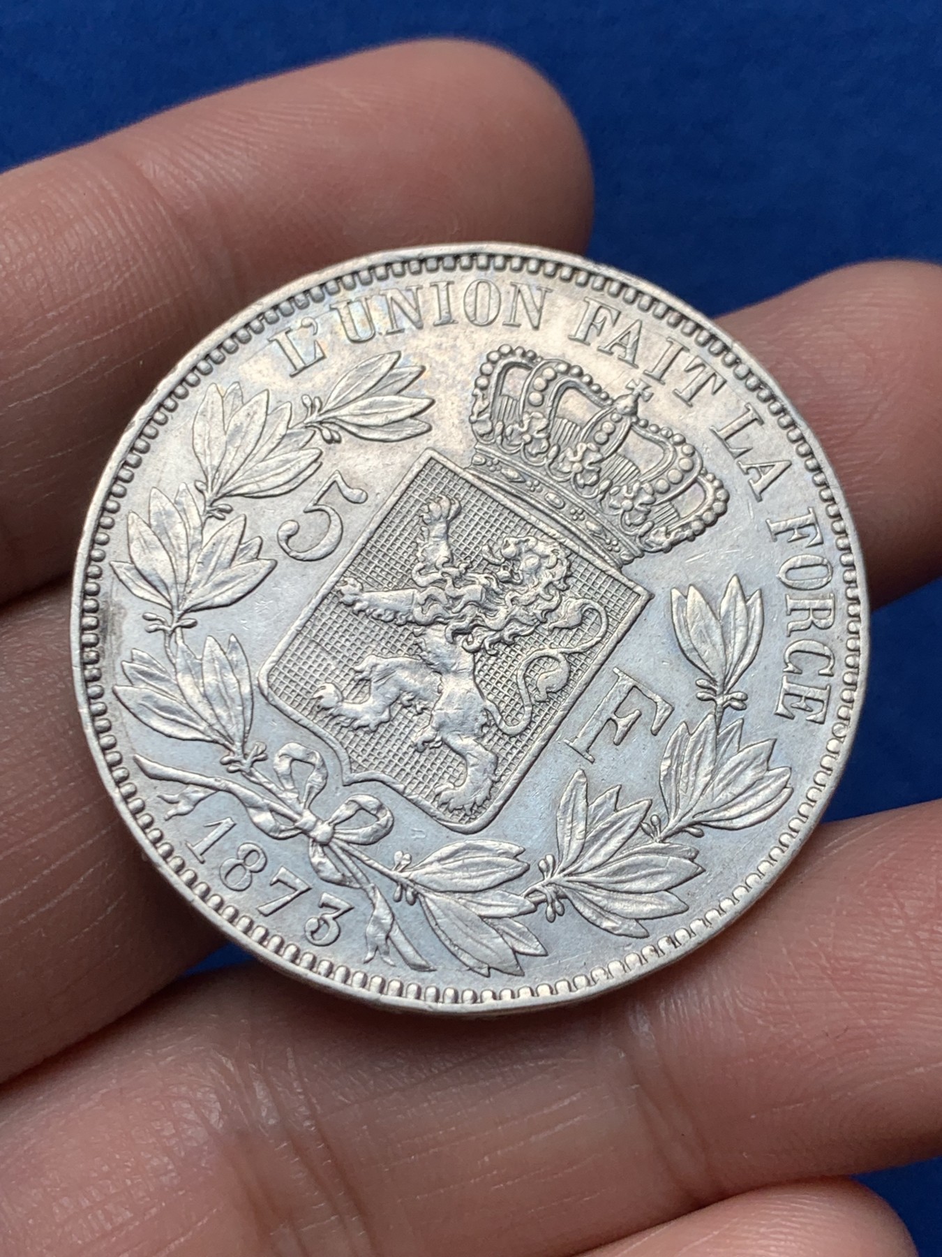 《竞宝斋》第257场-周日，周一 2场连拍 (全场包邮) 比利时1873年5法郎银币  细节不错