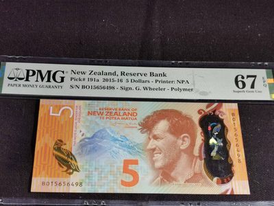 刘世昌艺术品销售中心～虎踞龙蟠*金杨在线联拍群第514期 - 新西兰2015-16年5元（PMG  67E  号码：BO 15656498 ）1枚。此币荣获当年IBNS“世界最佳纸币”大奖。