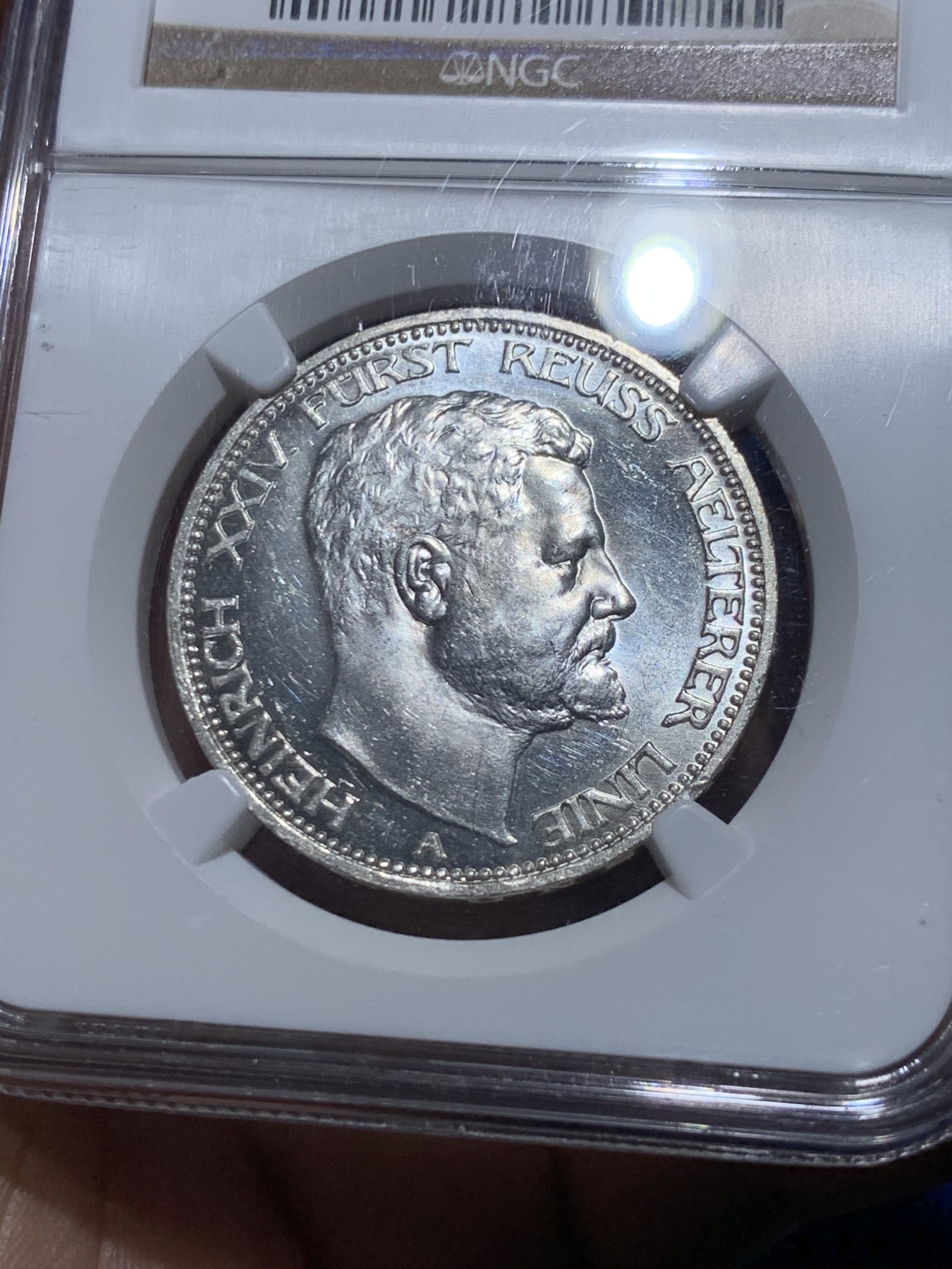 《竞宝斋》第257场-周日，周一 2场连拍 (全场包邮) NGC MS64 德国 1909 罗伊斯 3马克银币 银币 小邦稀见品种 PL底板 老盒低评