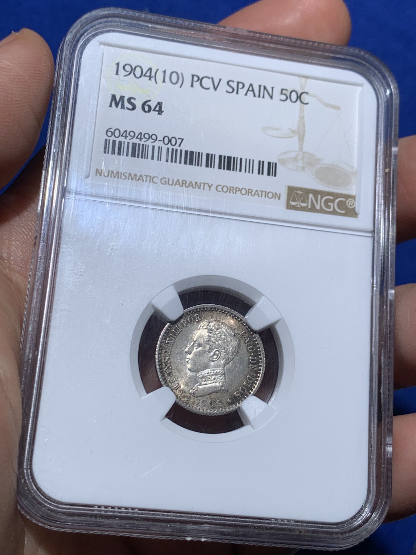《竞宝斋》第257场-周日，周一 2场连拍 (全场包邮) NGC MS64 西班牙 1904年 阿方索十三世 50分 银币 背后双柱 好彩 更高分仅5枚