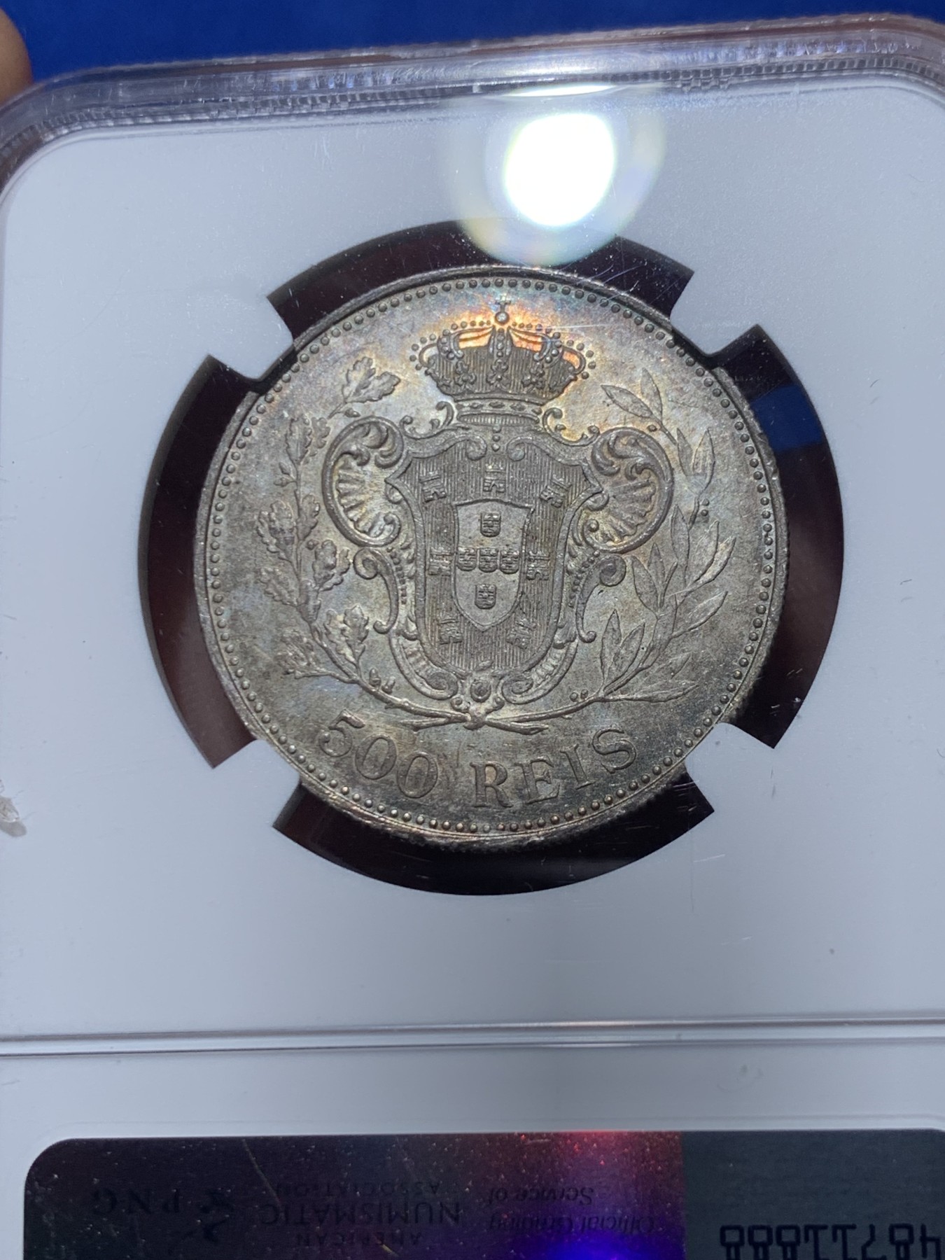 《竞宝斋》第257场-周日，周一 2场连拍 (全场包邮) NGC MS62 葡萄牙1908曼努埃尔二世500R银币，五彩包浆