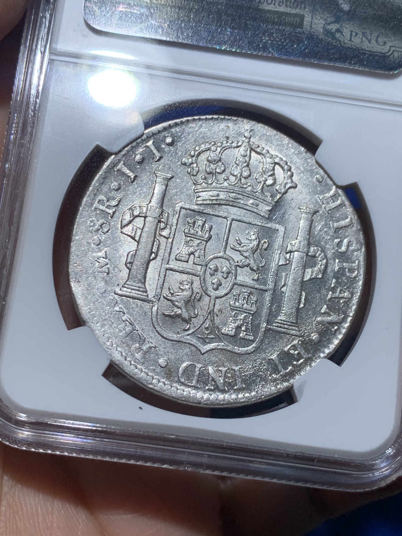 《竞宝斋》第257场-周日，周一 2场连拍 (全场包邮) NGC AU58 墨西哥1815年费迪南七世双柱银币