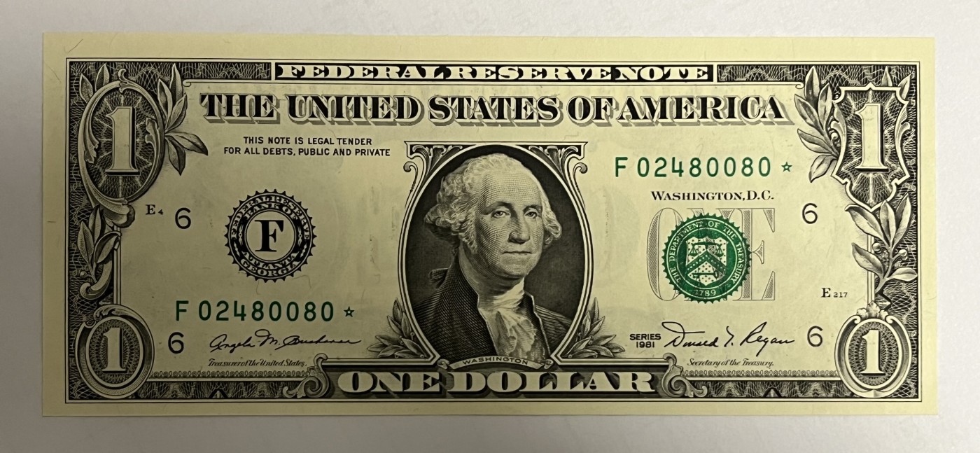 Chase Auction 第27期 - - 外钞、民国钞和人民币混合场！ 1981年正版 1美元 联邦储备券 星补号STAR