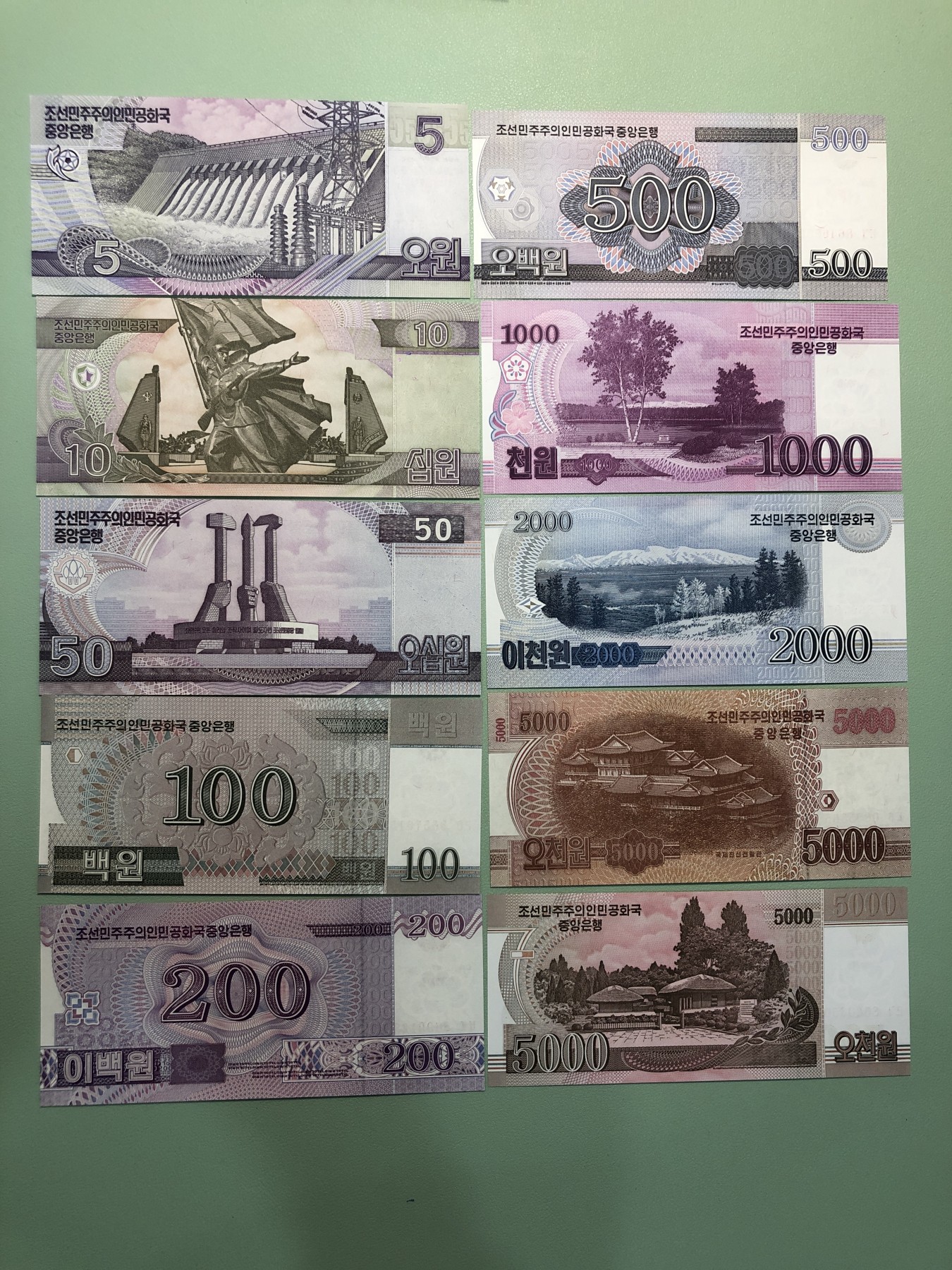 世界外币 2000-13年，朝鲜纪念钞5-5000元全套10张外国纸币，全新UNC品相