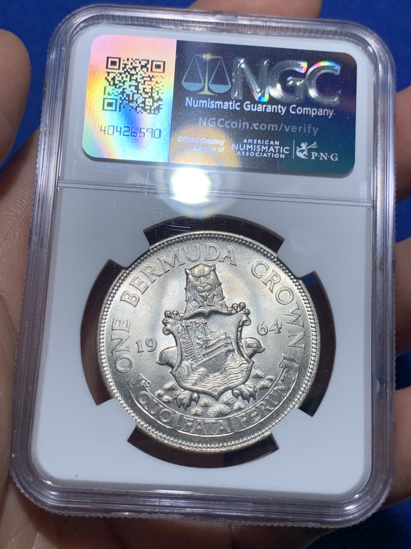 《竞宝斋》第257场-周日，周一 2场连拍 (全场包邮) NGC MS66 百慕大1964年伊丽莎白二世青年头像1克朗银币 经典女王头像 高分好品