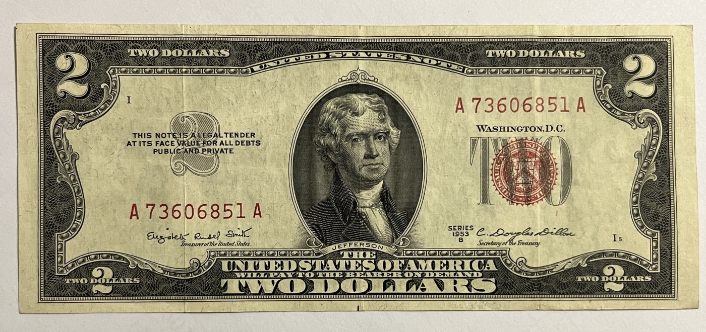 Chase Auction 第27期 - - 外钞、民国钞和人民币混合场！ 1953B版 2美元 政府券 United States Note 红色号码 AA冠首发 无4