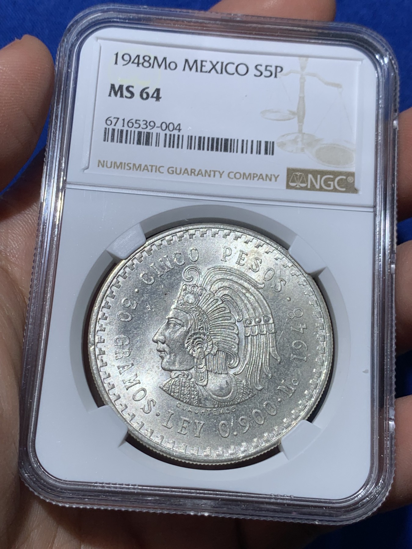 《竞宝斋》第257场-周日，周一 2场连拍 (全场包邮) NGC MS64 墨西哥1948年玛雅人5比索大银币 超级丝滑的一枚