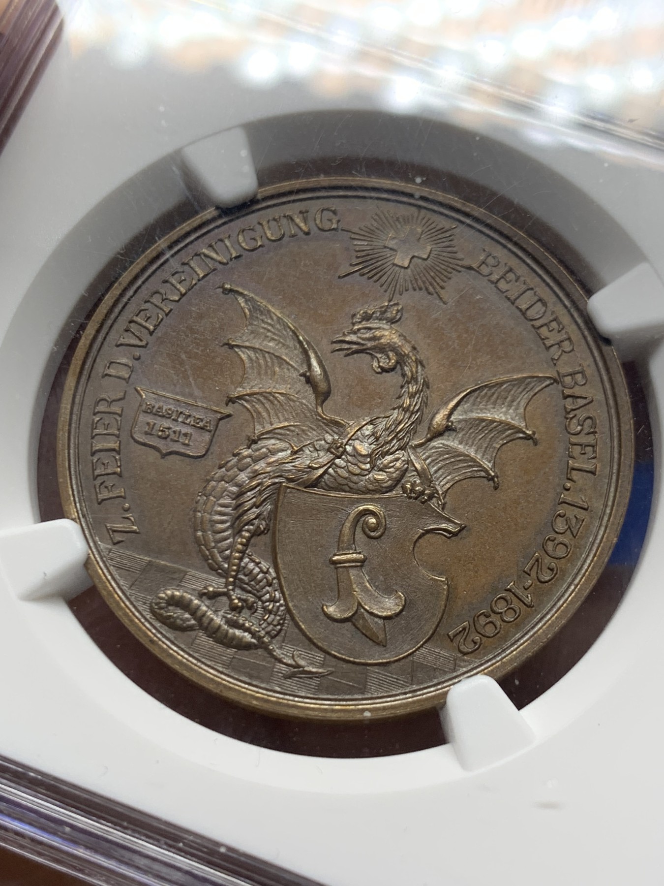 《竞宝斋》第257场-周日，周一 2场连拍 (全场包邮) NGC MS64BN 瑞士1892年巴塞尔统一500周年纪念城市景观铜章 设计精美 稀少难得！