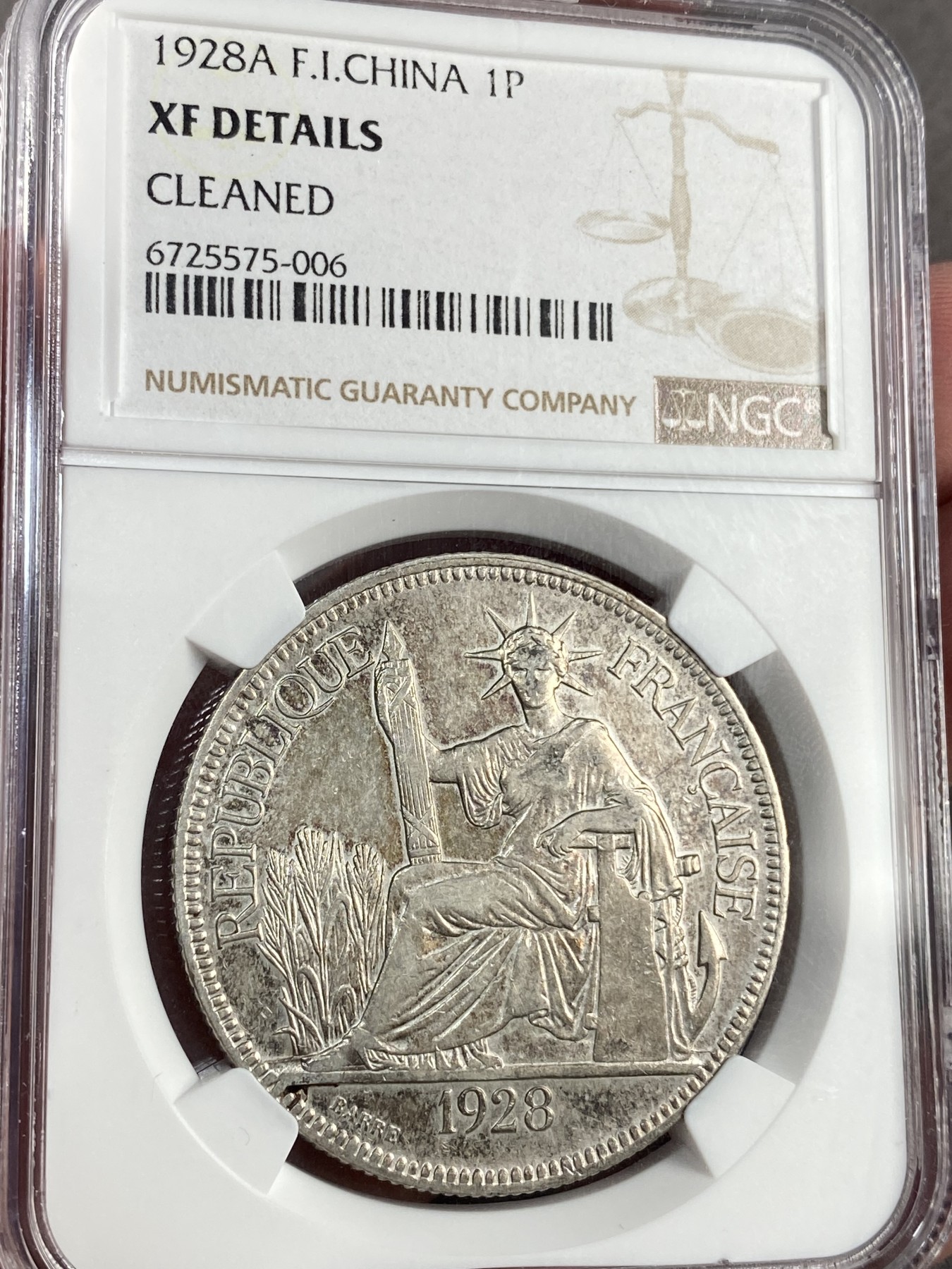 万国钱币拍卖第023期（金辉银韵之夜） NGC XFD1928年法属印支1皮阿斯特坐洋大银币 “坐洋五珍”之一