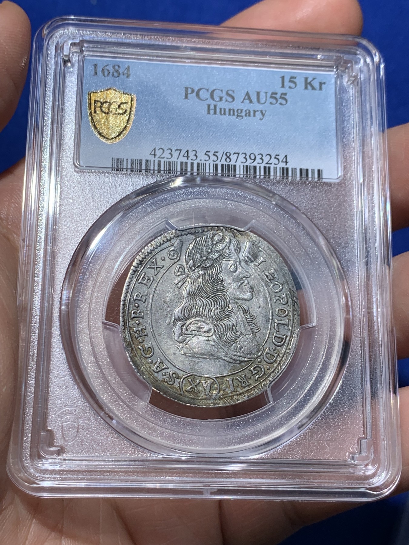 《竞宝斋》第257场-周日，周一 2场连拍 (全场包邮) PCGS AU55 神圣罗马帝国匈牙利1684年利奥波德一世 15克鲁泽 银币