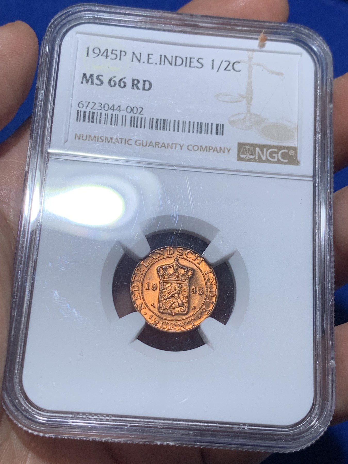 《竞宝斋》第257场-周日，周一 2场连拍 (全场包邮) NGC MS66RD 1945年荷属东印度群岛（今印尼）1/2 半分铜币 超高分好品