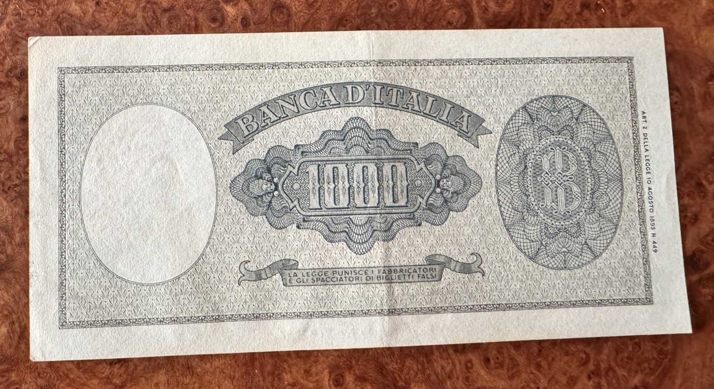 Chase Auction 第27期 - - 外钞、民国钞和人民币混合场！ 意大利1000里拉，品相如图！