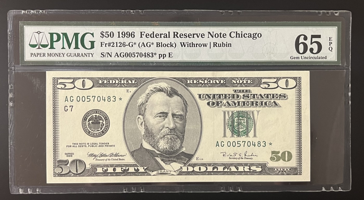 Chase Auction 第27期 - - 外钞、民国钞和人民币混合场！ 1996年正版 50美元 联邦储备券 大头版首发年份 G区星补号STAR PMG老壳严格评级 65EPQ