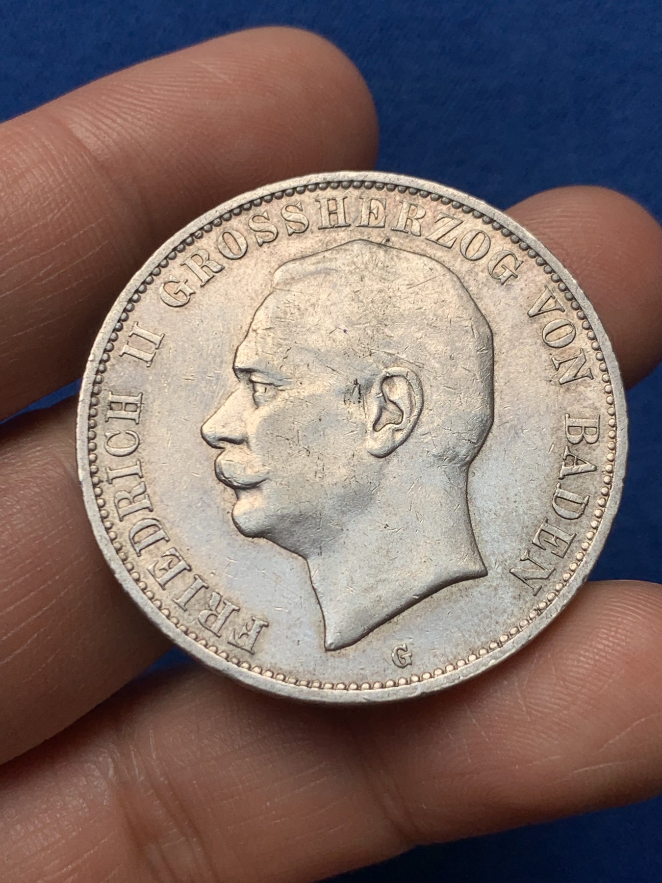 《竞宝斋》第257场-周日，周一 2场连拍 (全场包邮) 德国1913年巴登大公弗里德里希二世5马克银币